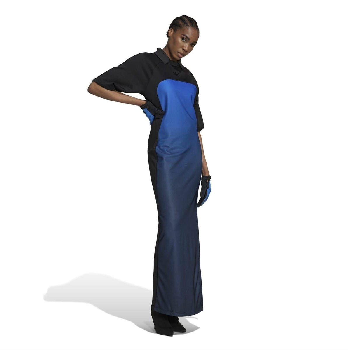 Color-block maxi dress with black shoulders and blue body, side slit