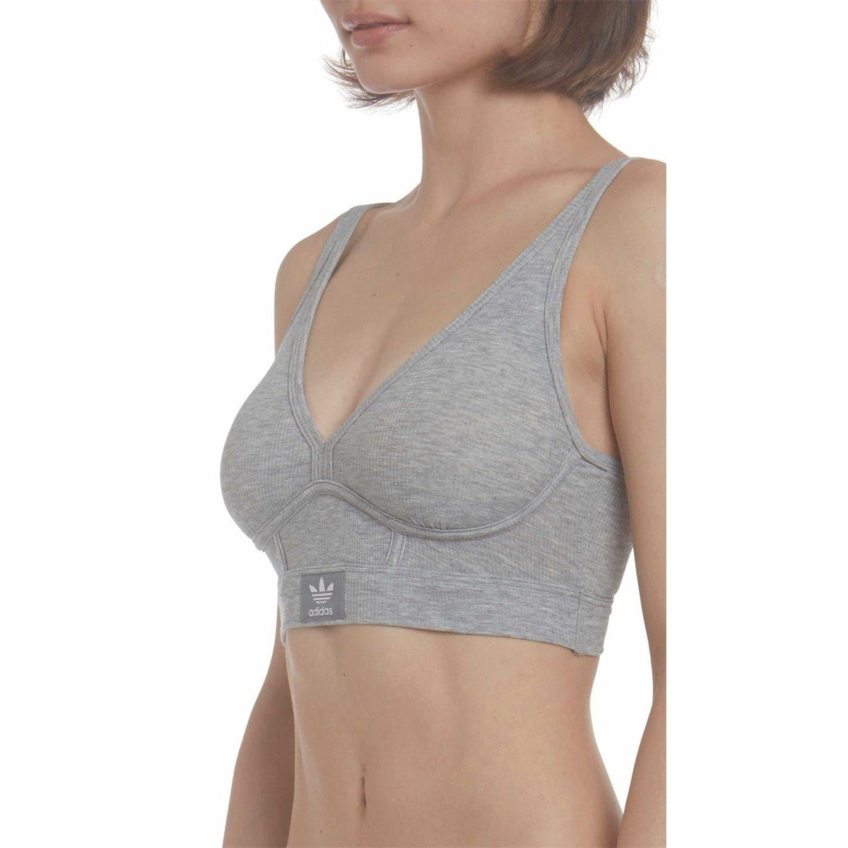 Heather grey V-neck bralette with seam details and adidas logo