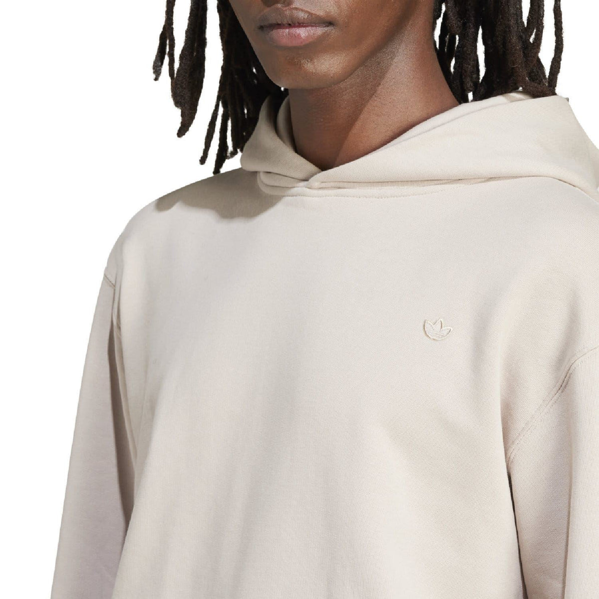 Beige hoodie with front pocket pouch and ribbed waistband