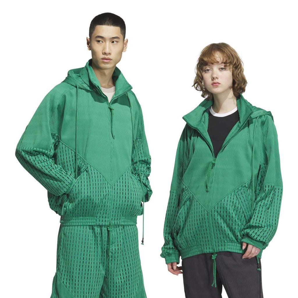Green hooded zip jacket on two models with perforated panels and ribbed waistband