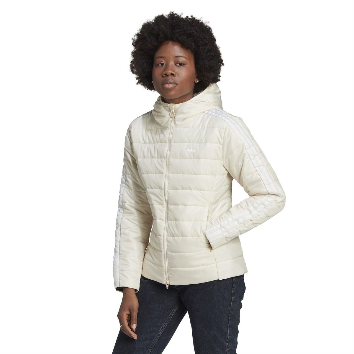 Light cream slim-fit hooded puffer jacket with full zip; ribbed hem and cuffs.