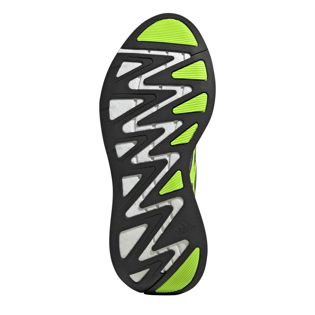 Outsole of Adidas Originals Adizero Aruku running shoe in black with neon green traction