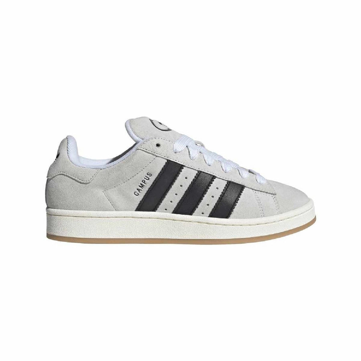 Light gray Adidas campus sneakers with black three-stripe panels and white laces