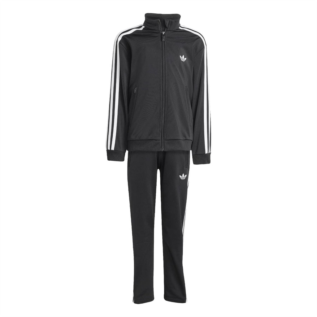 Kids adidas Firebird tracksuit, black zip jacket and matching pants with white stripe bands