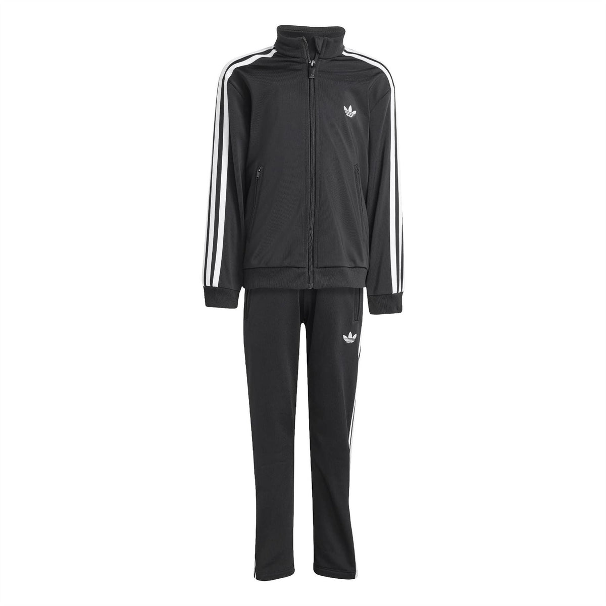 Kids adidas Firebird tracksuit, black zip jacket and matching pants with white stripe bands