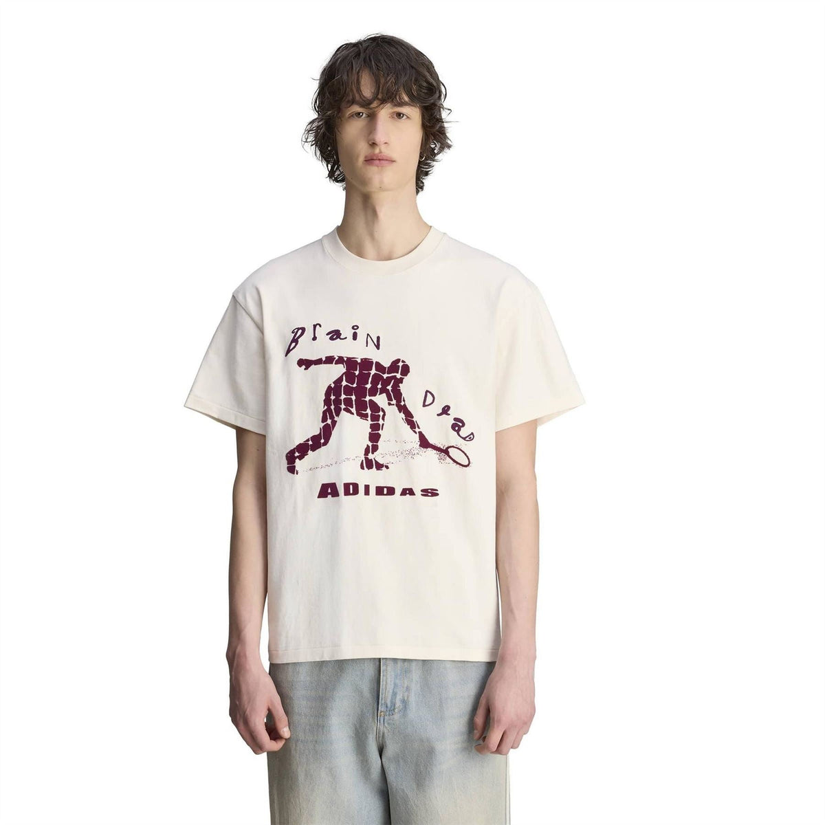 Wonder White graphic T-shirt with maroon Brain Dead robot and Adidas logo