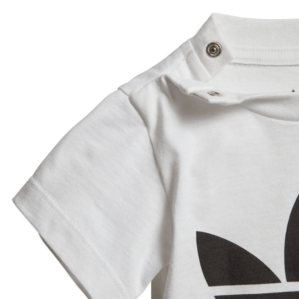 Infants' white adidas T-shirt with snap shoulder placket, crew neck