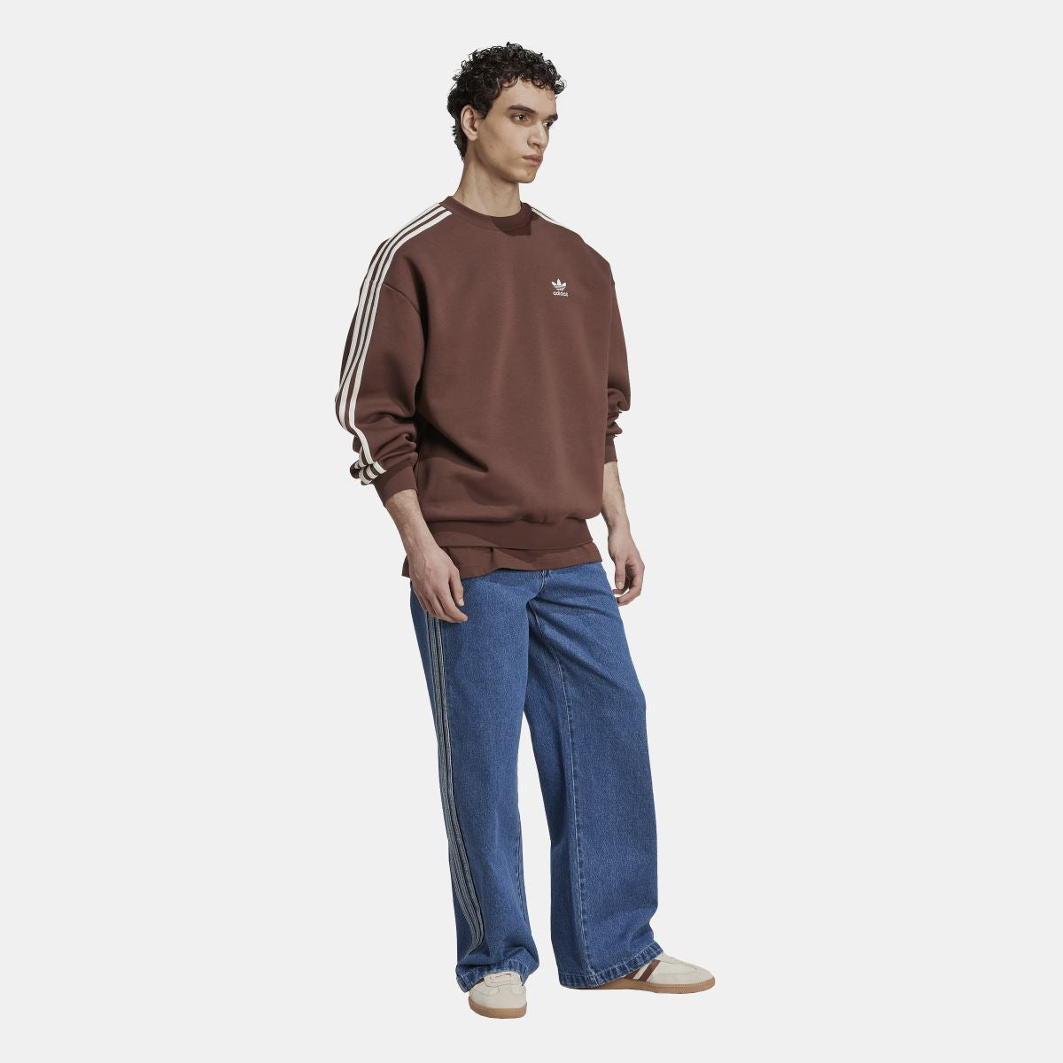 Brown adidas oversized crewneck sweatshirt with white side sleeve stripes