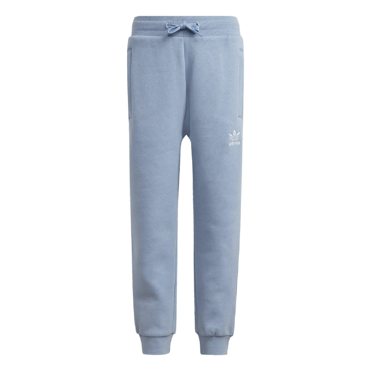 Light blue infant adidas Originals joggers with drawstring waist, rear view.
