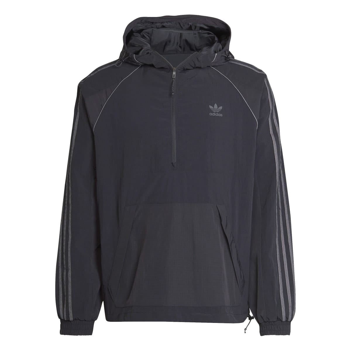 Black adidas Originals anorak jacket with hood and front half-zip, mock pocket detail