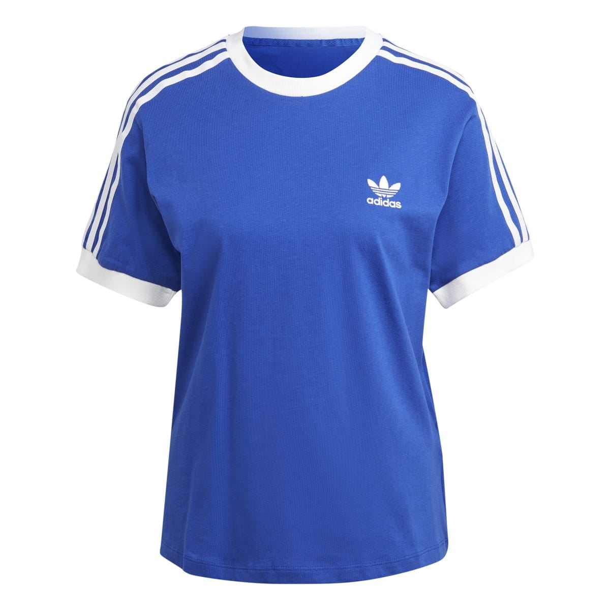 Blue adidas Originals t-shirt with white 3-stripe sleeve panels and trefoil logo