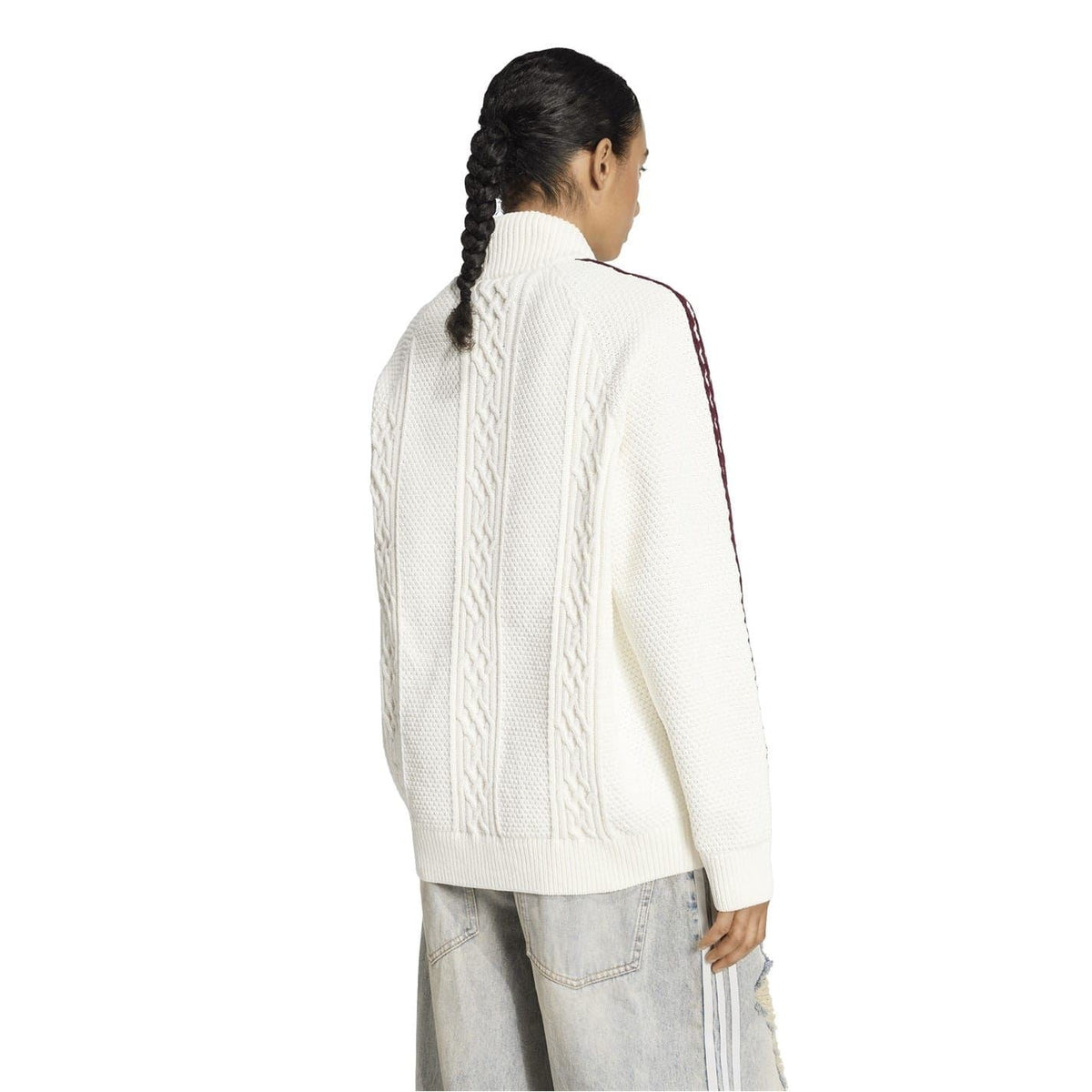 adidas Originals white cable-knit full-zip sweater, maroon striped sleeves and ribbed hem