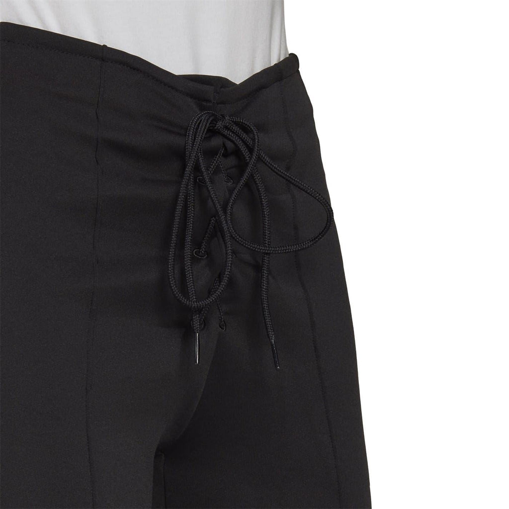 Black drawstring waist athletic shorts with braided lace ties and stitched seams