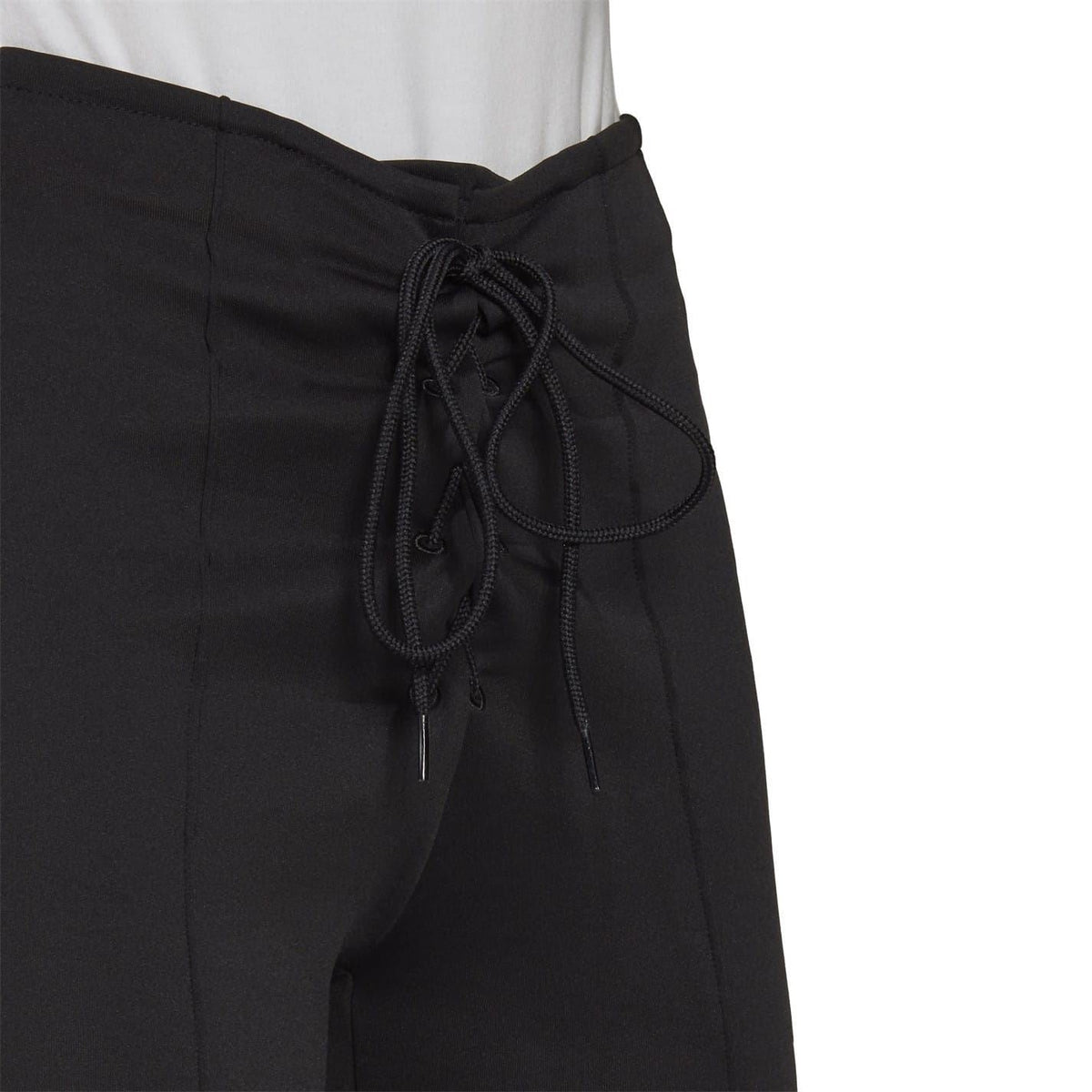 Black drawstring waist athletic shorts with braided lace ties and stitched seams