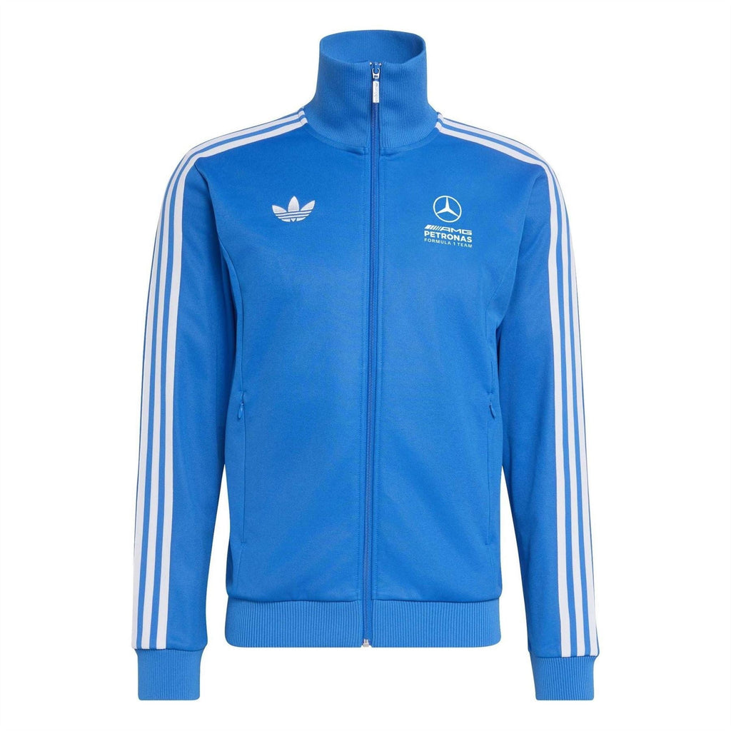 Blue track jacket with white sleeve stripes, full zip, and Mercedes AMG Petronas logo