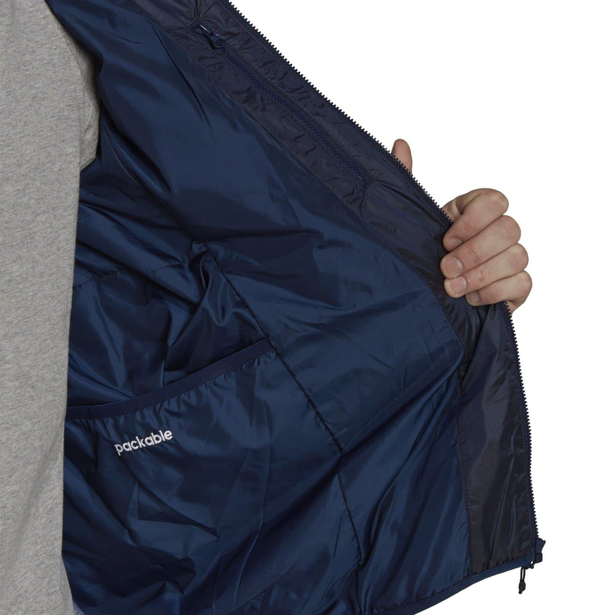adidas hooded padded jacket in dark navy with packable inner panel and zip