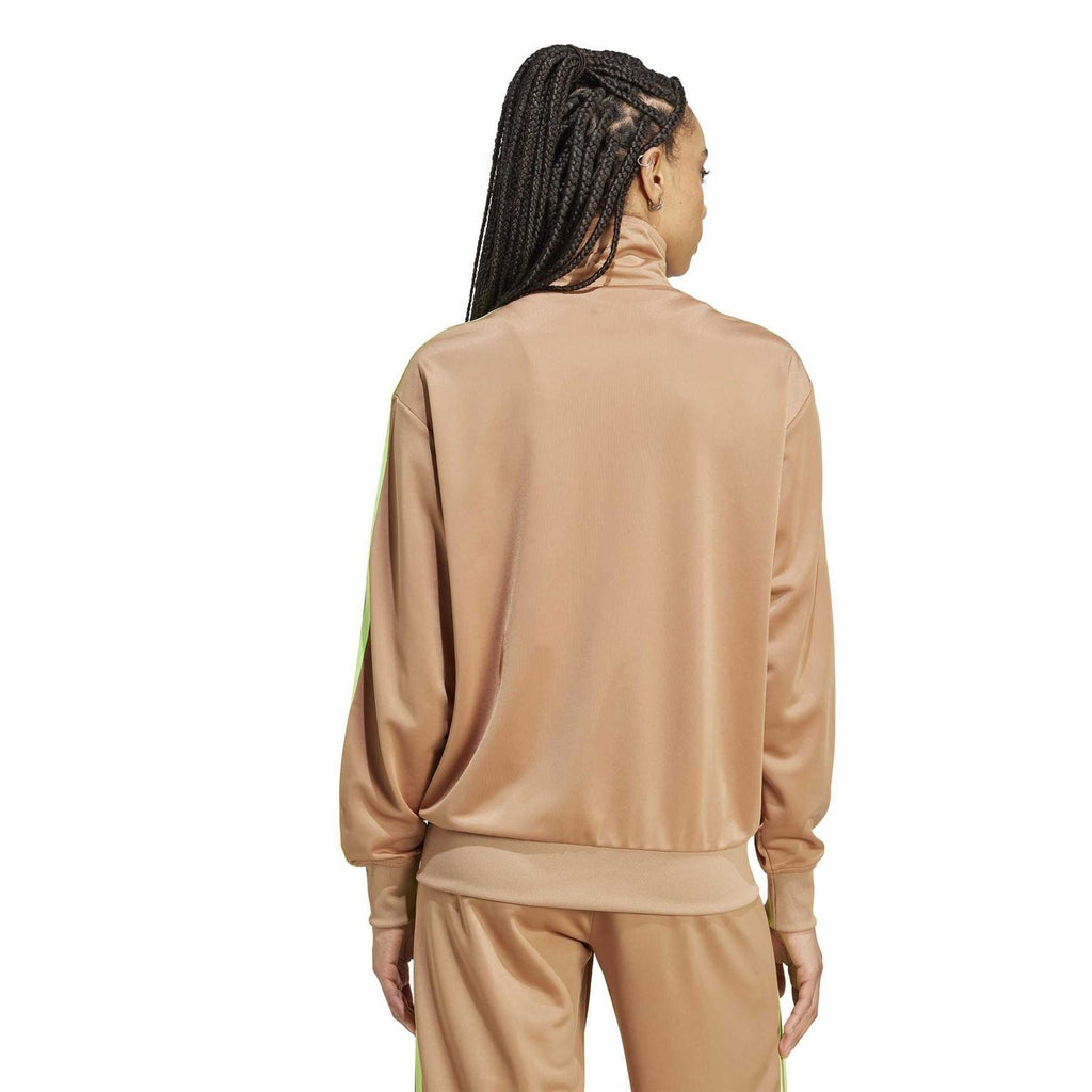 Tan track jacket with full zip and stand collar, neon green stripe detail on sleeves (back)