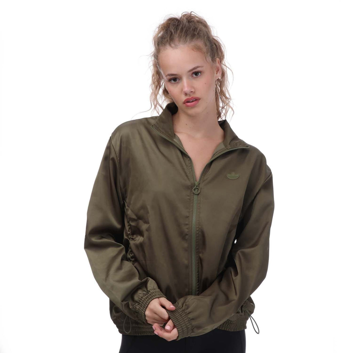 adidas Originals olive satin track top with zip front and stand collar