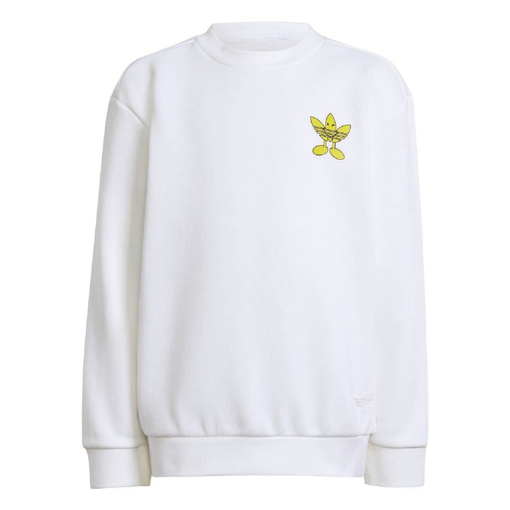 White kids crew sweatshirt with small yellow Smiley logo on the chest.