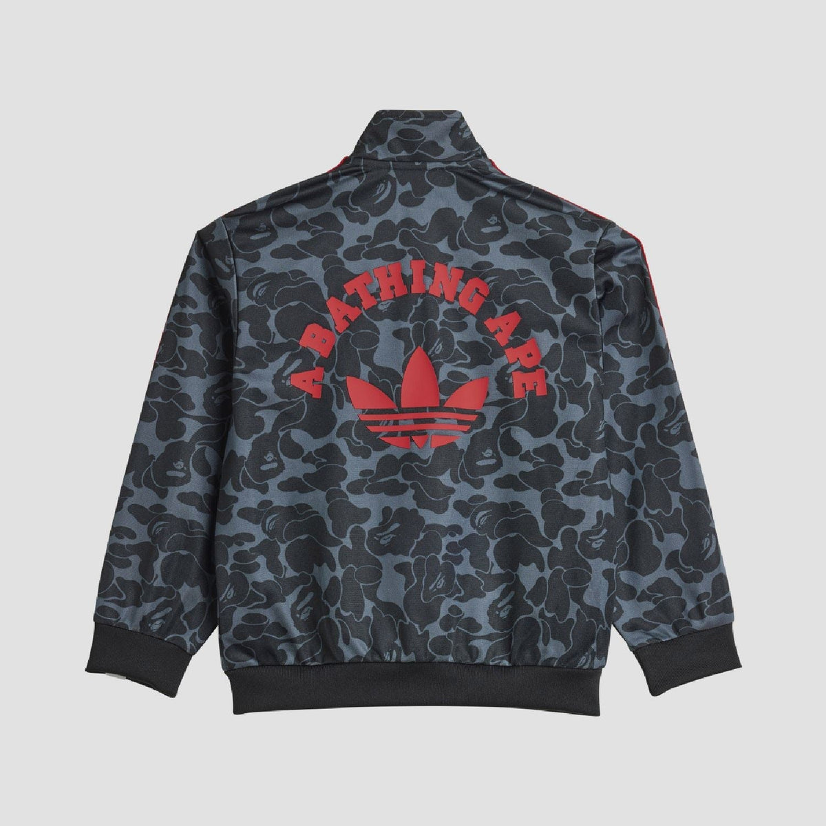 Kids camo zip-up jacket with red 'BATHING APE' back graphic and ribbed bottom hem