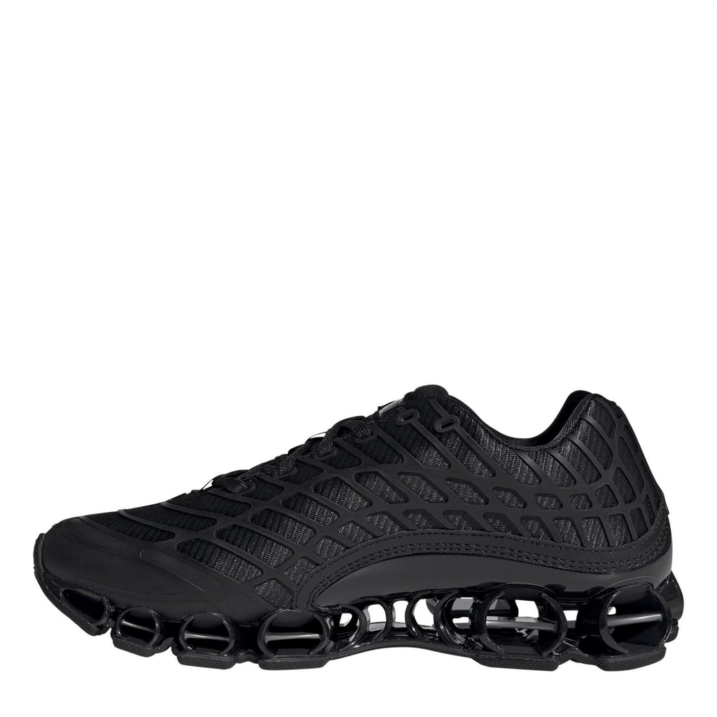 Black adidas Megaride F50 running shoe with sculpted tread sole and circular cutouts