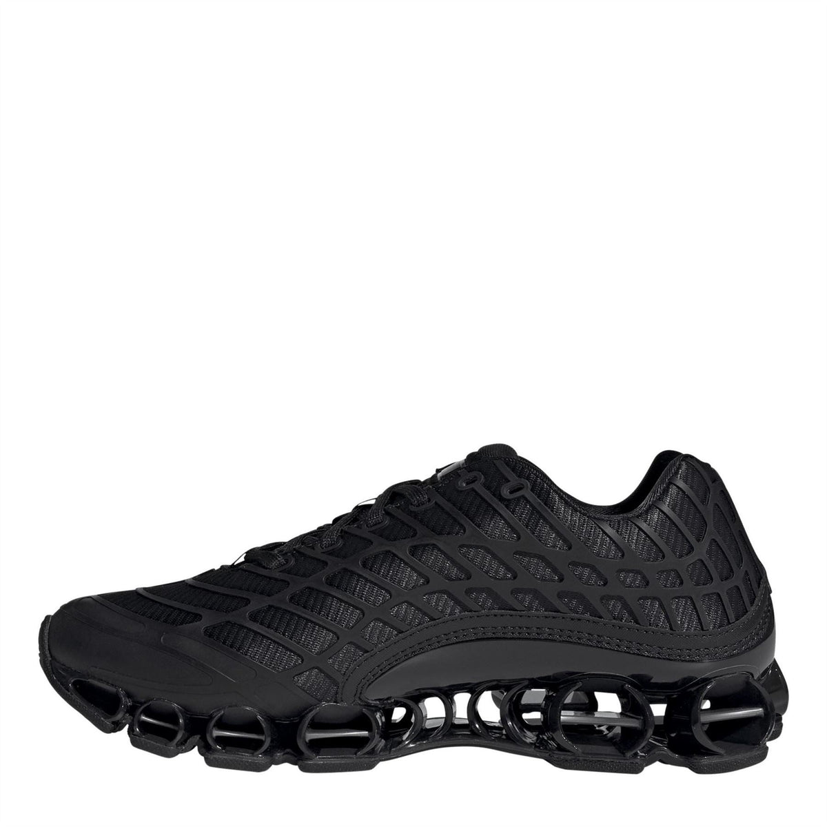 Black adidas Megaride F50 running shoe with sculpted tread sole and circular cutouts