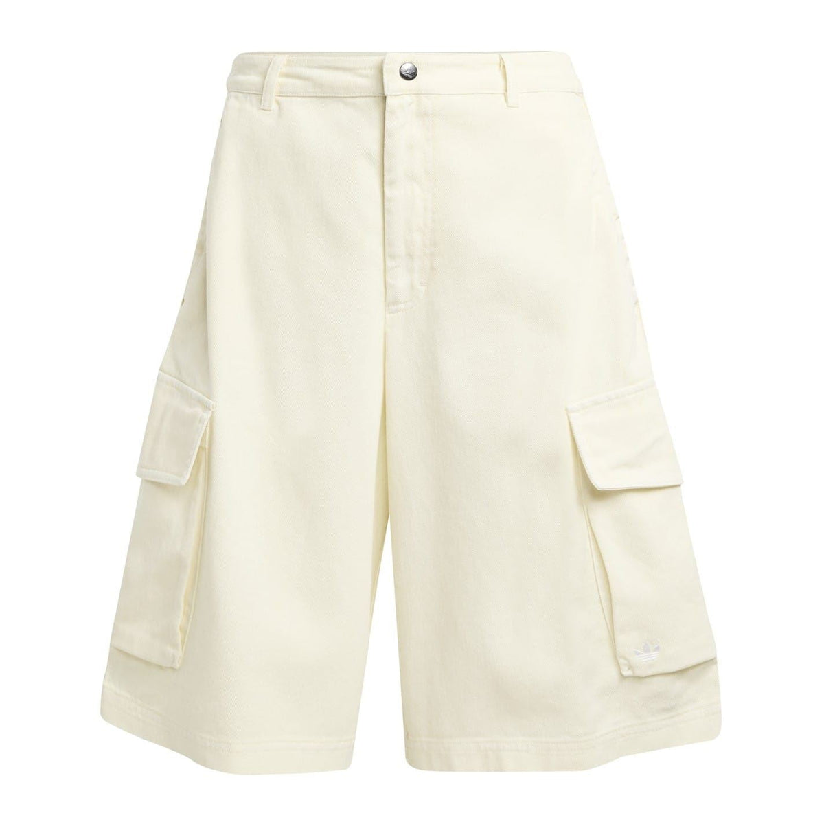 Cream white denim cargo shorts with button closure and side flap pockets