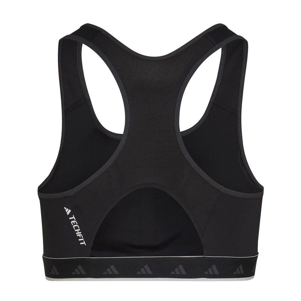 Black racerback sports bra top with mesh center panel and Adidas logo hem