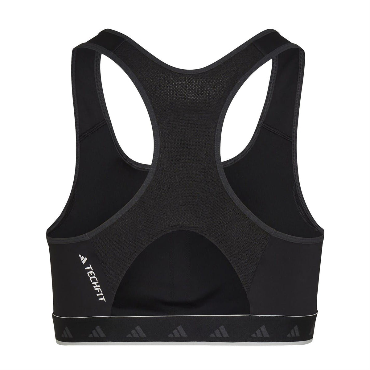 Black racerback sports bra top with mesh center panel and Adidas logo hem
