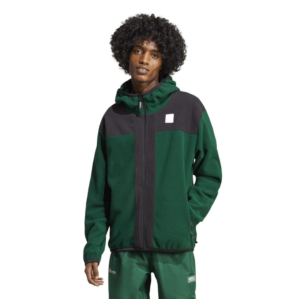 adidas color-block polar fleece zip hoodie, green body with charcoal shoulder panels