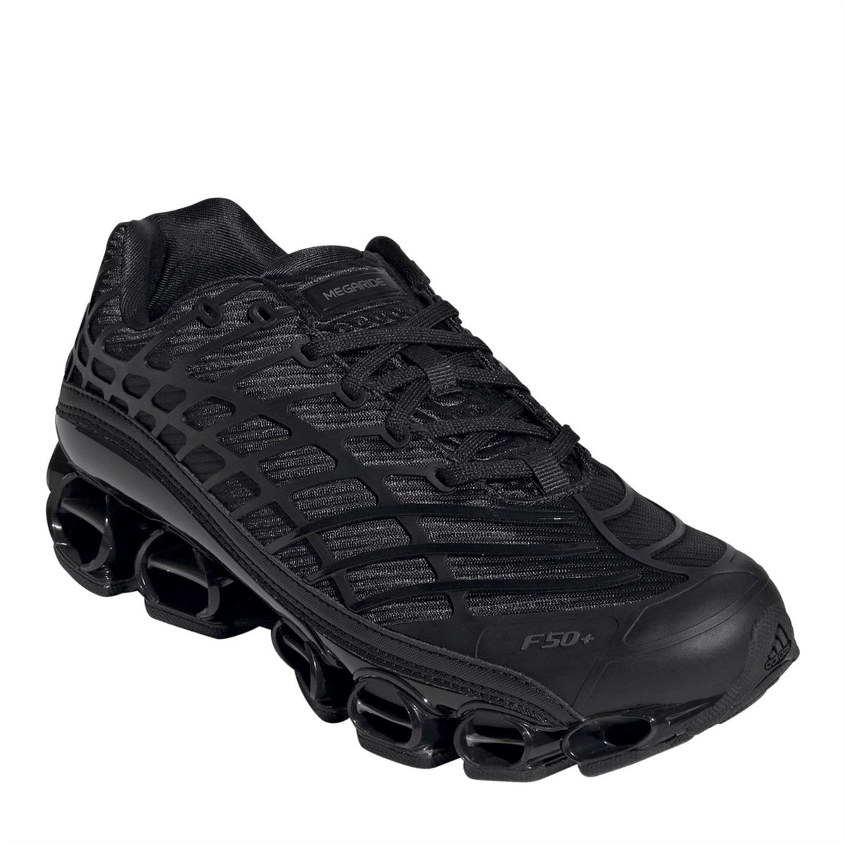 Black adidas Megaride F50 sneaker with raised mesh panels and F50 logo on side