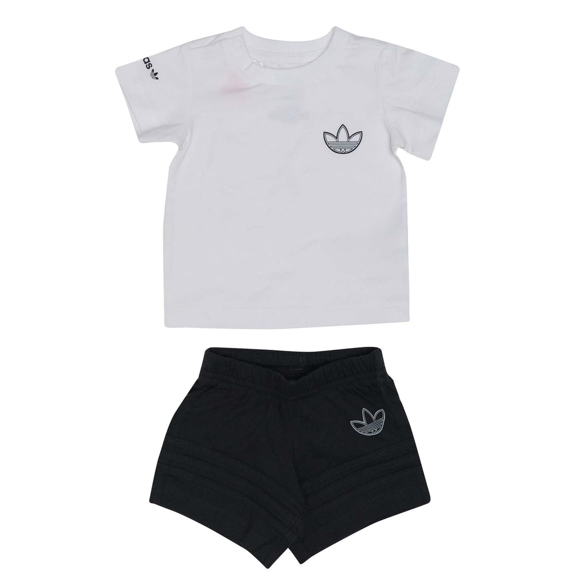 White adidas T-shirt and black shorts set with small trefoil logos