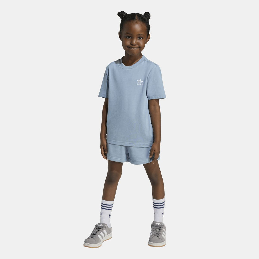 Light blue adidas kids T-shirt and shorts set, crew neck with small chest logo.