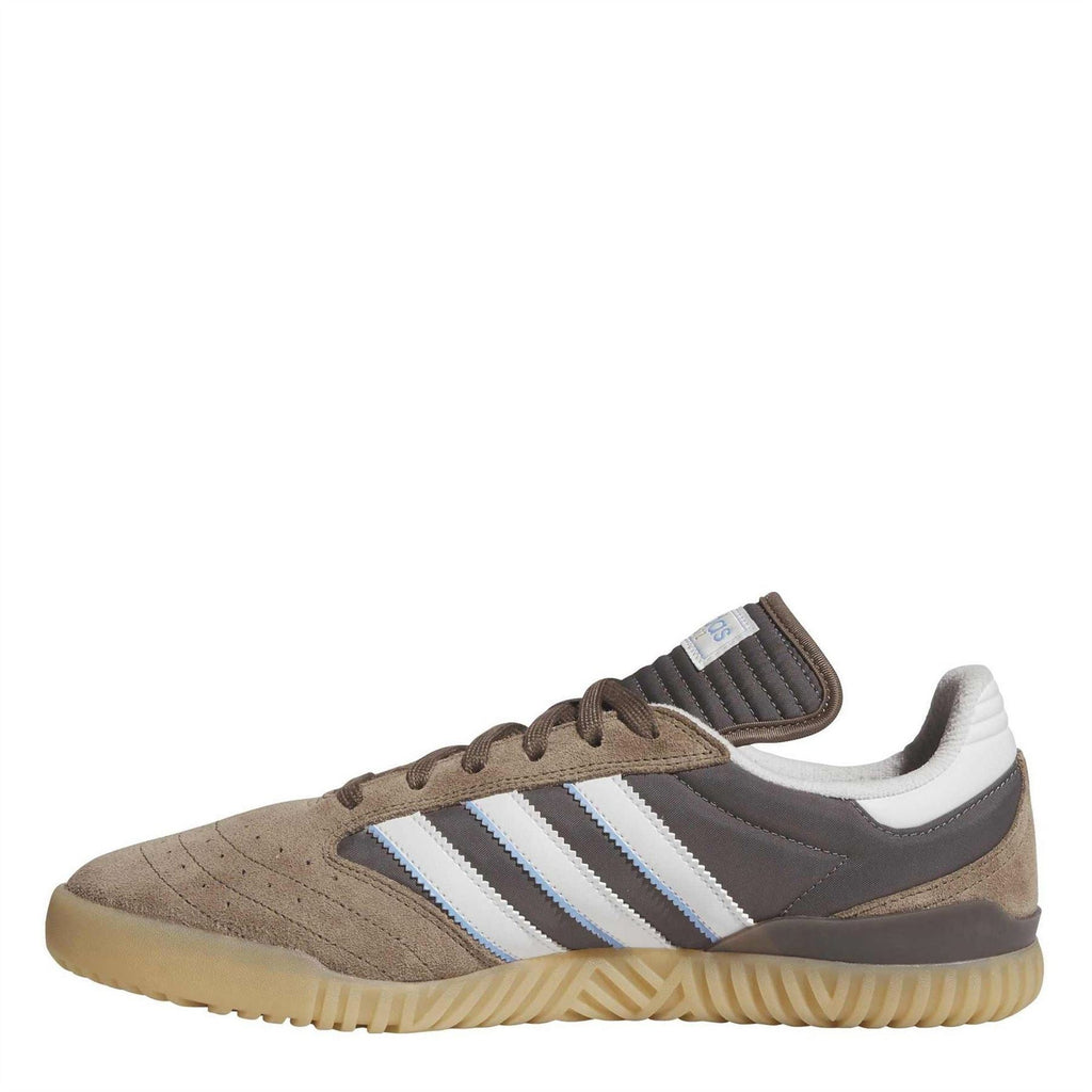 adidas Originals suede low-top skate shoe, brown upper with white stripes and gum outsole