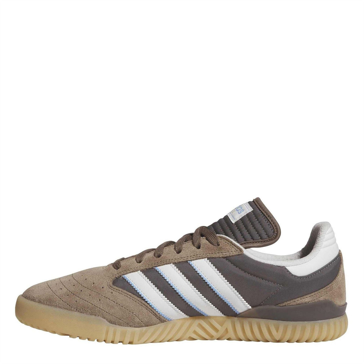 adidas Originals suede low-top skate shoe, brown upper with white stripes and gum outsole