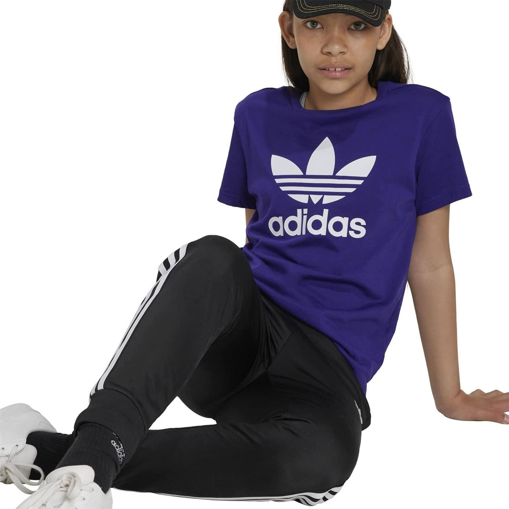 Purple crew neck short-sleeve T-shirt with white adidas logo print, seated view