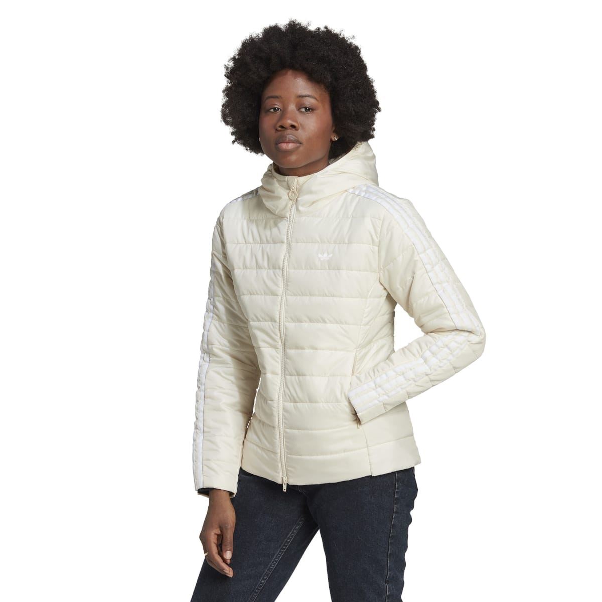 Off-white hooded slim puffer jacket front view with zip closure and ribbed cuffs