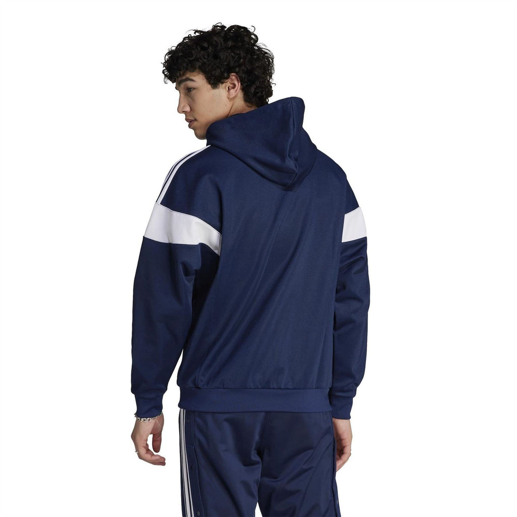 Navy hooded sweatshirt back view with white sleeve stripes and drawstring