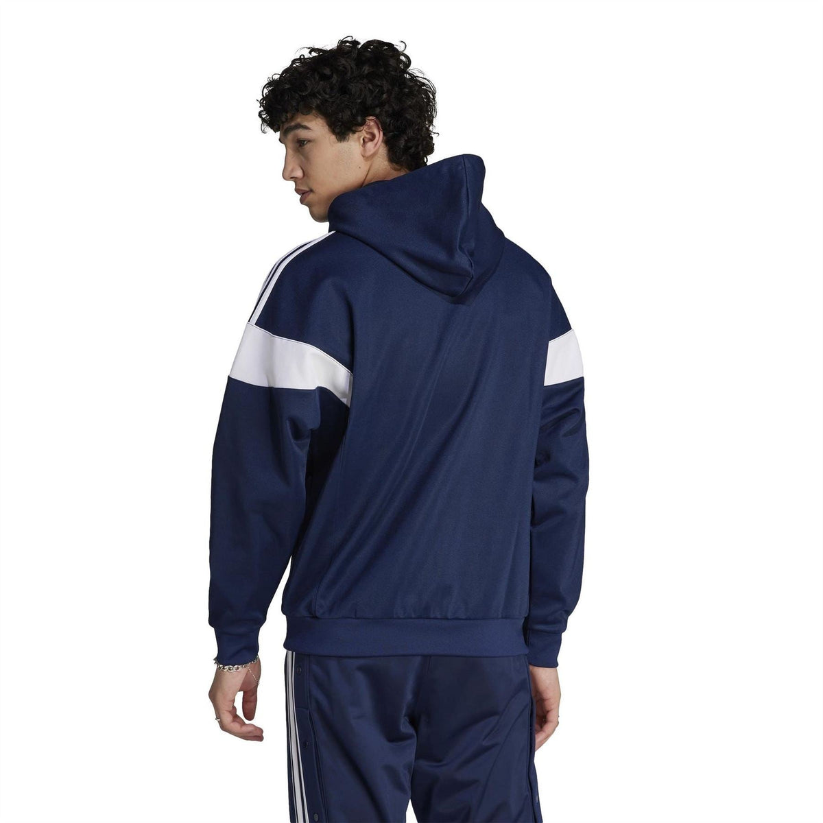 Navy hooded sweatshirt back view with white sleeve stripes and drawstring