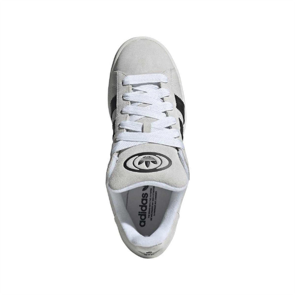 Light gray Adidas campus sneaker with white lace-up front and side logo badge