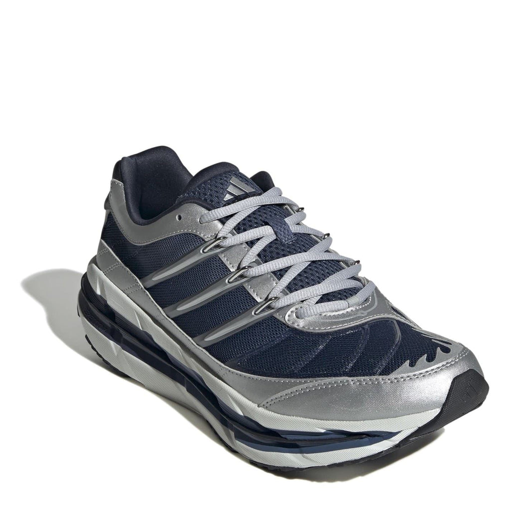 Navy blue and silver lace-up sneakers with metallic side stripes and thick sole