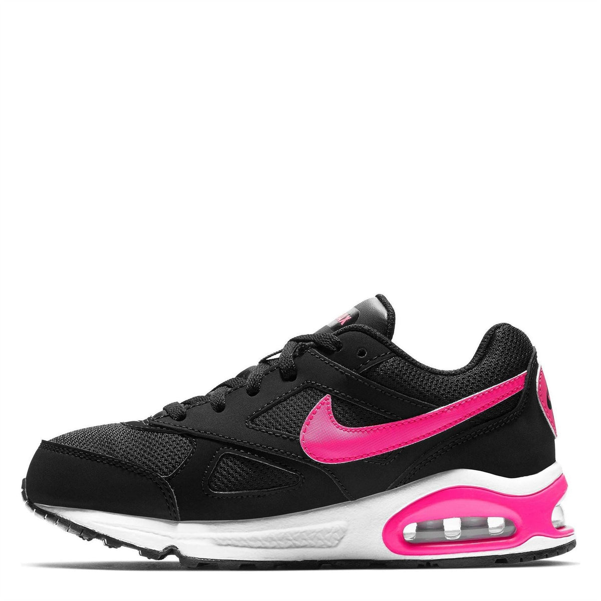 Nike Air Max Ivo kids' side view black trainers with bright pink swoosh and air unit