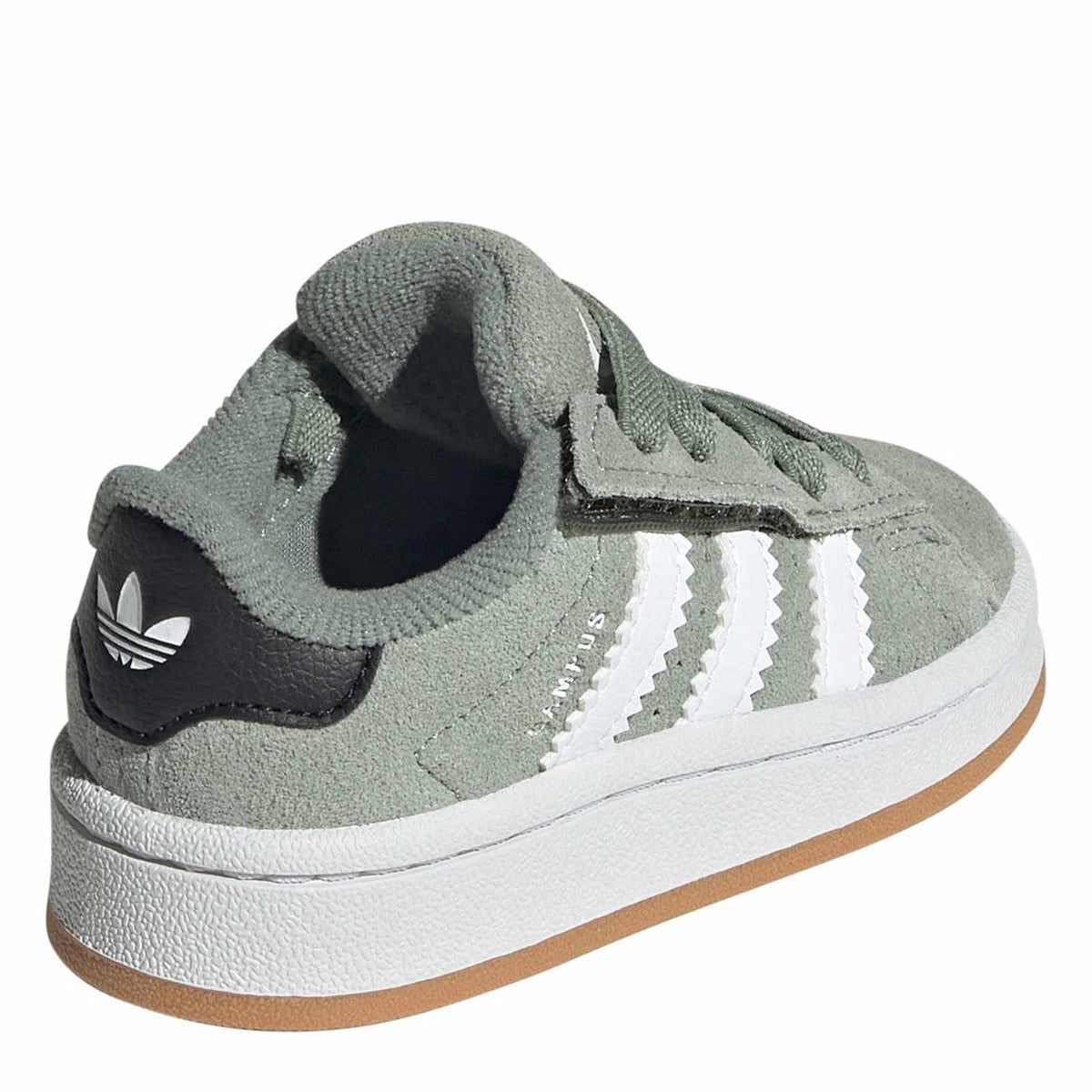 Infant crib sneakers with sage green upper, white stripes, black heel panel, and padded collar