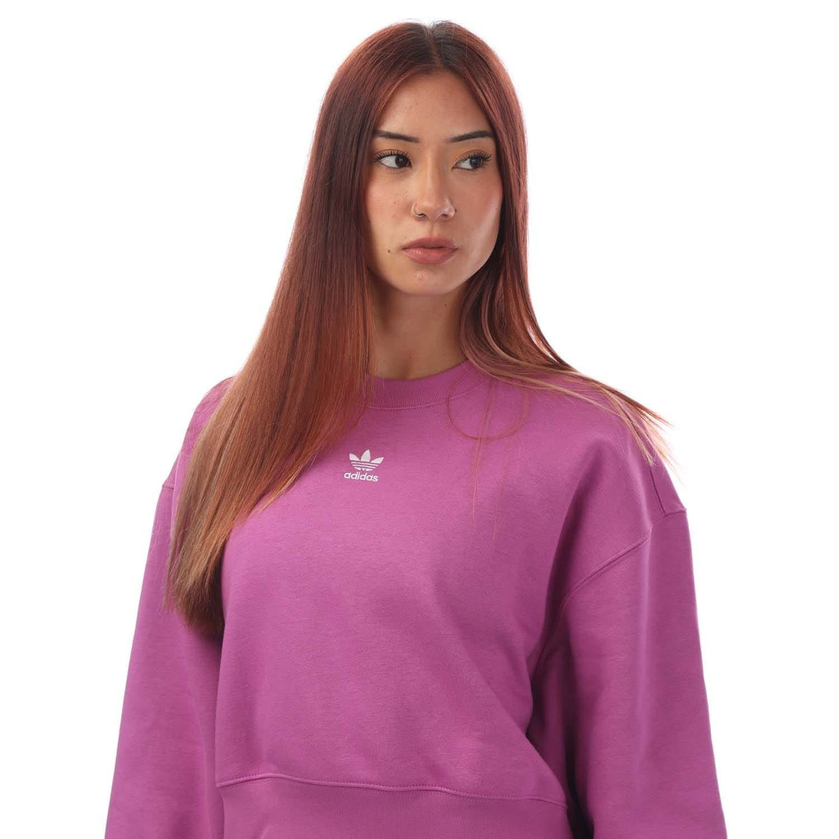 Purple crewneck sweatshirt with adidas trefoil logo and ribbed neckline