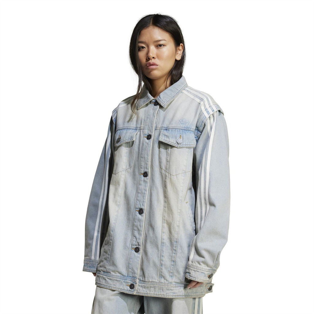 adidas Originals light denim collared jacket with vertical side stripes and flap chest pockets