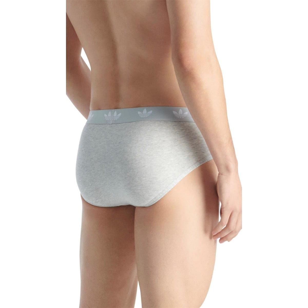 Men's light gray cotton briefs, angled back/side view with logo waistband