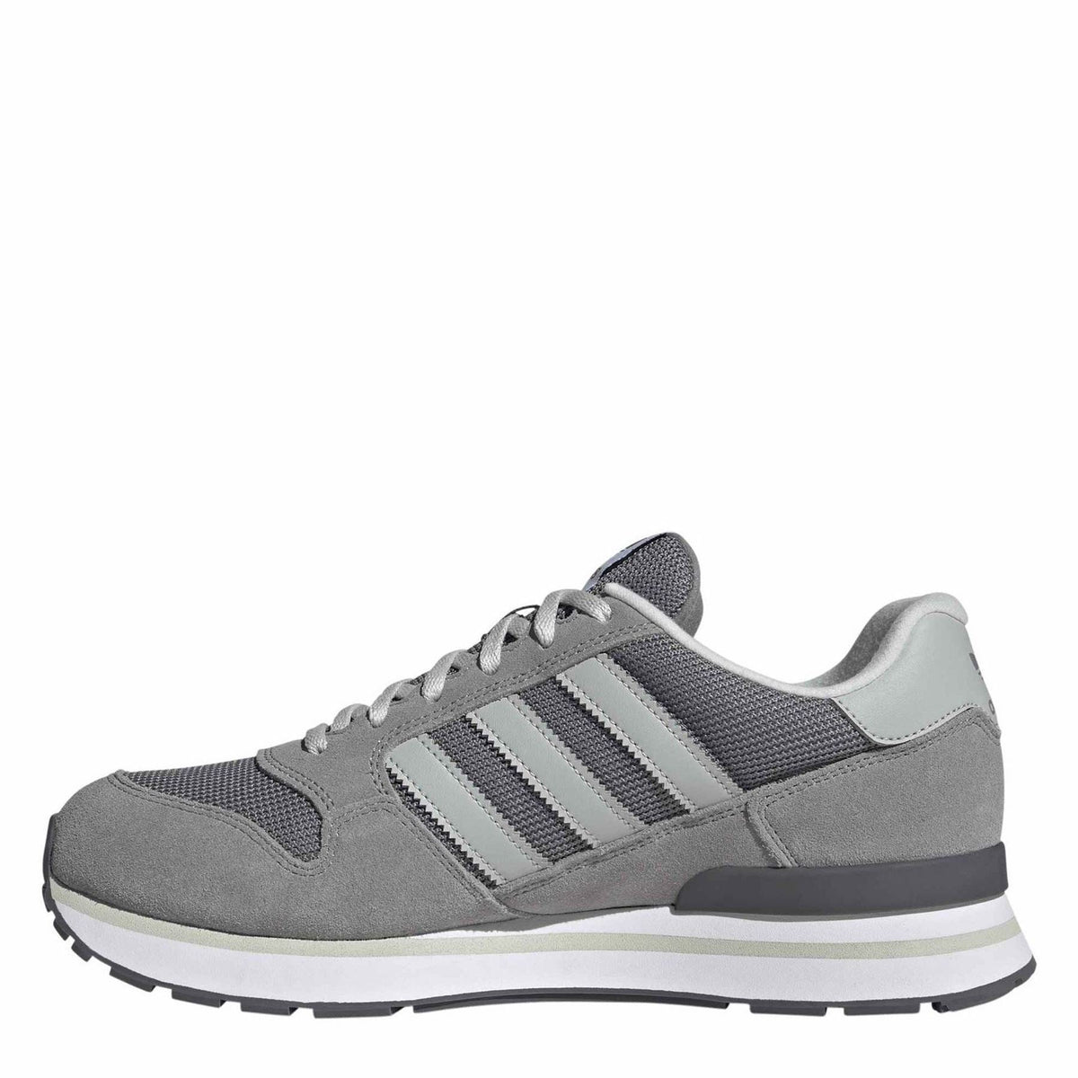 Grey mesh-and-suede lace-up sneaker with white stripes and low-profile outsole