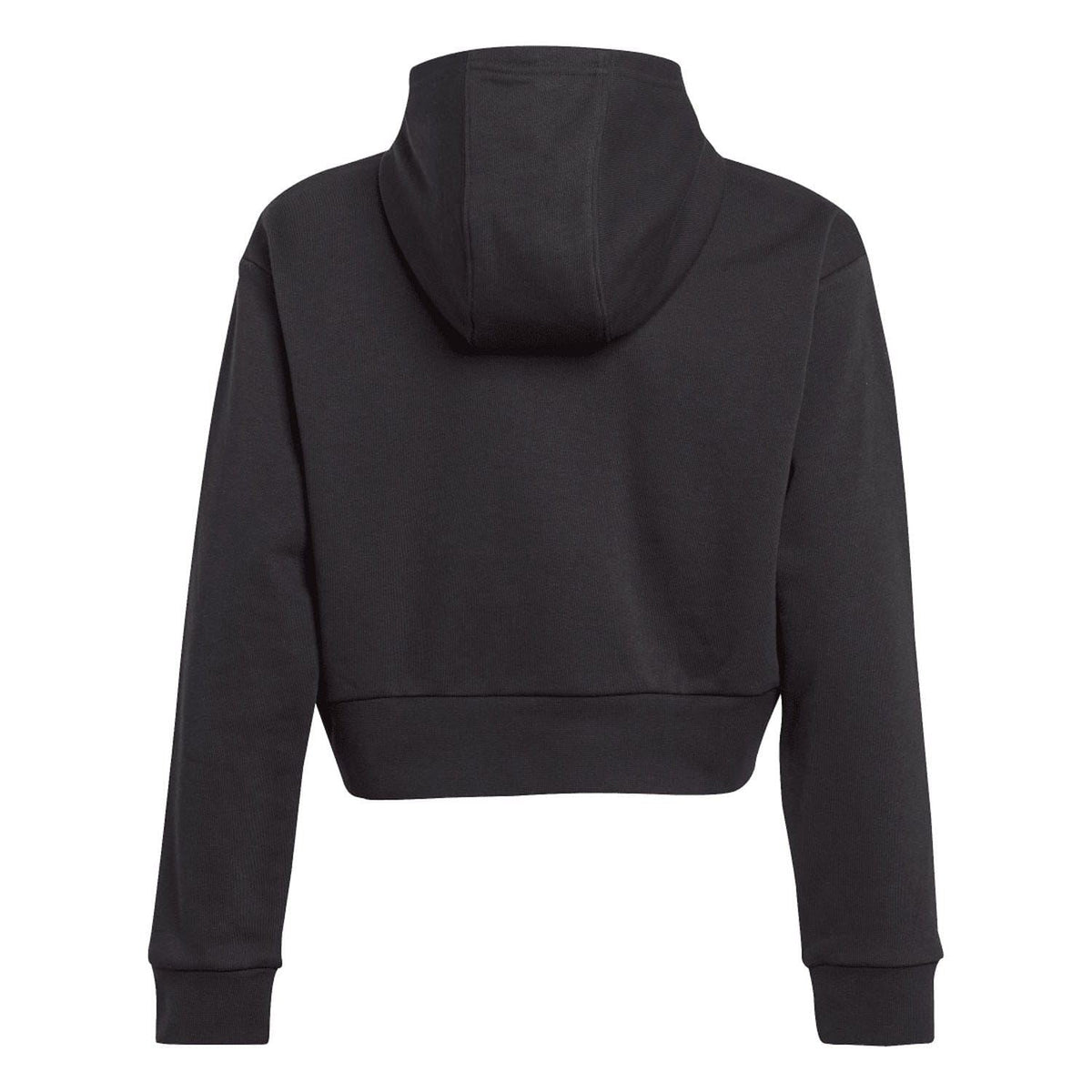 Juniors cropped black hoodie with hood and kangaroo pocket, plain back.