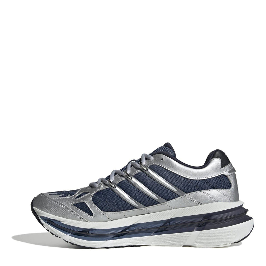 Blue and white low-top lace-up sneakers with side stripes and chunky sole