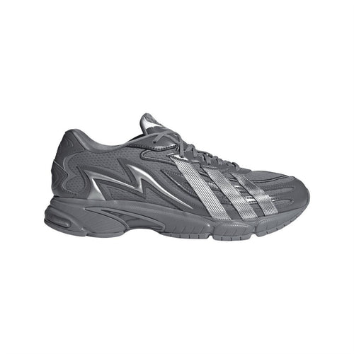Grey lace-up low-top trainers with three-stripe side panels and chunky sculpted sole